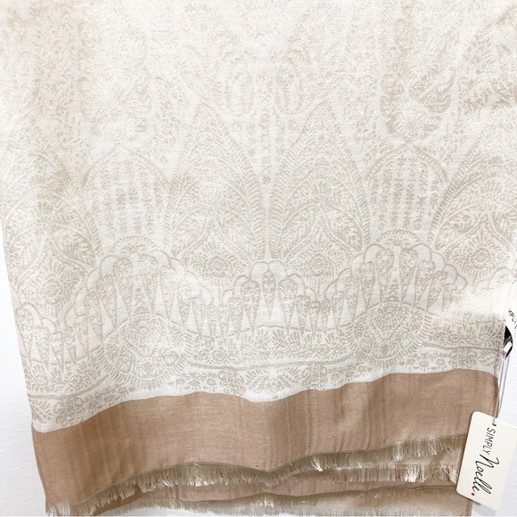Simply Noelle Pashmina Floral Paisley Scarf Silk Blend Fringe Tan Cream NEW - Picture 7 of 9